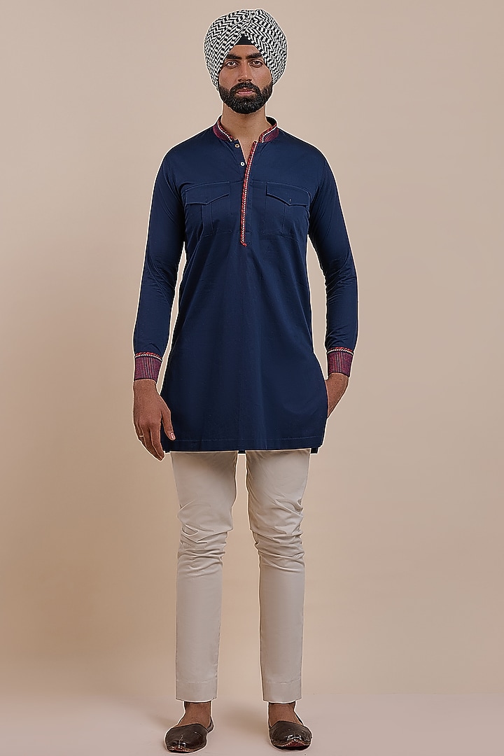 Deep Navy Blue Cotton Kurta by JJV.Kapurthala By JJ Valaya Men at Pernia's Pop Up Shop