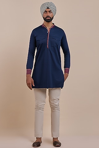 Deep Navy Blue Cotton Kurta by JJV.Kapurthala By JJ Valaya Men