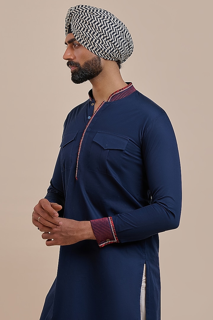Deep Navy Blue Cotton Kurta by JJV.Kapurthala By JJ Valaya Men at Pernia's Pop Up Shop