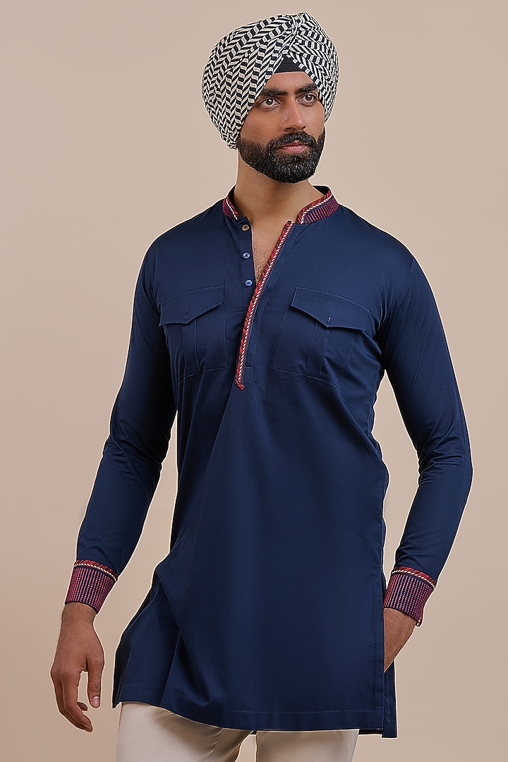 Deep Navy Blue Cotton Kurta by JJV.Kapurthala By JJ Valaya Men at Pernia's Pop Up Shop