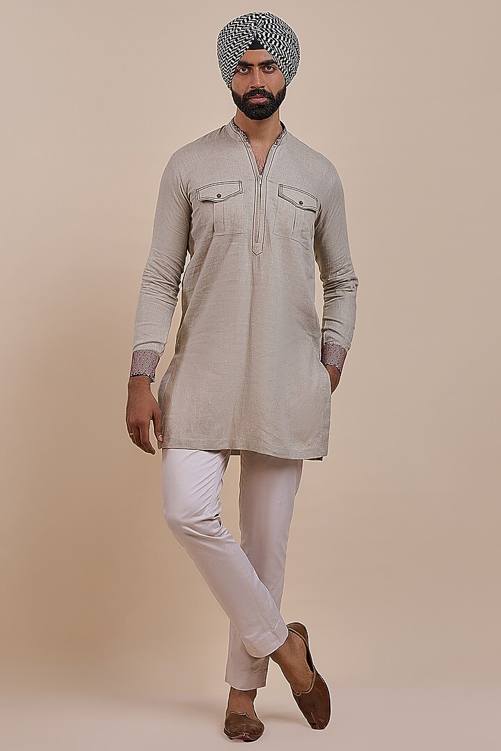 Ivory Linen Kurta by JJV.Kapurthala By JJ Valaya Men at Pernia's Pop Up Shop