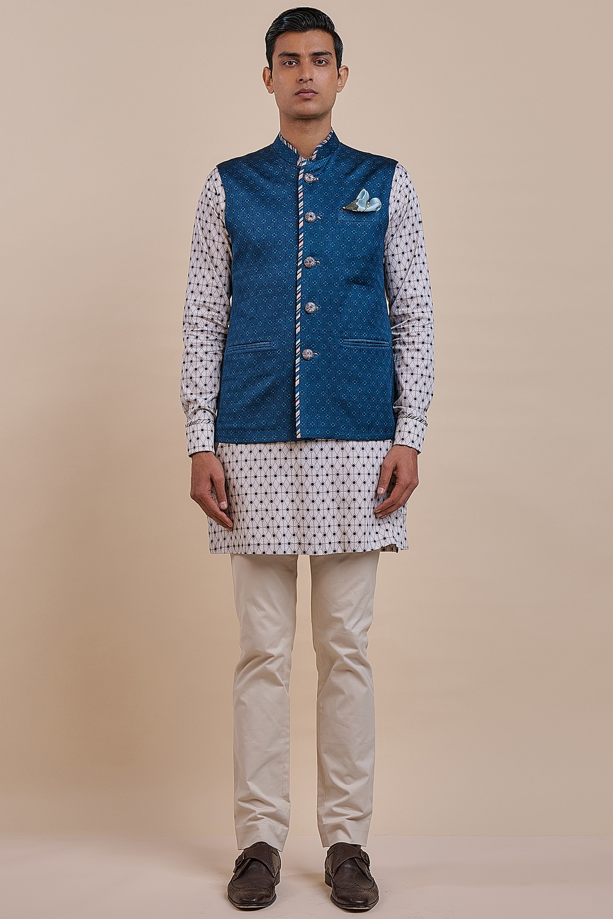 JJV.Kapurthala By JJ Valaya Navy Blue Satin Linen Nehru Jacket