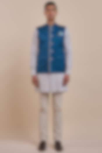 Navy Blue Satin Linen Nehru Jacket by JJV.Kapurthala By JJ Valaya Men at Pernia's Pop Up Shop