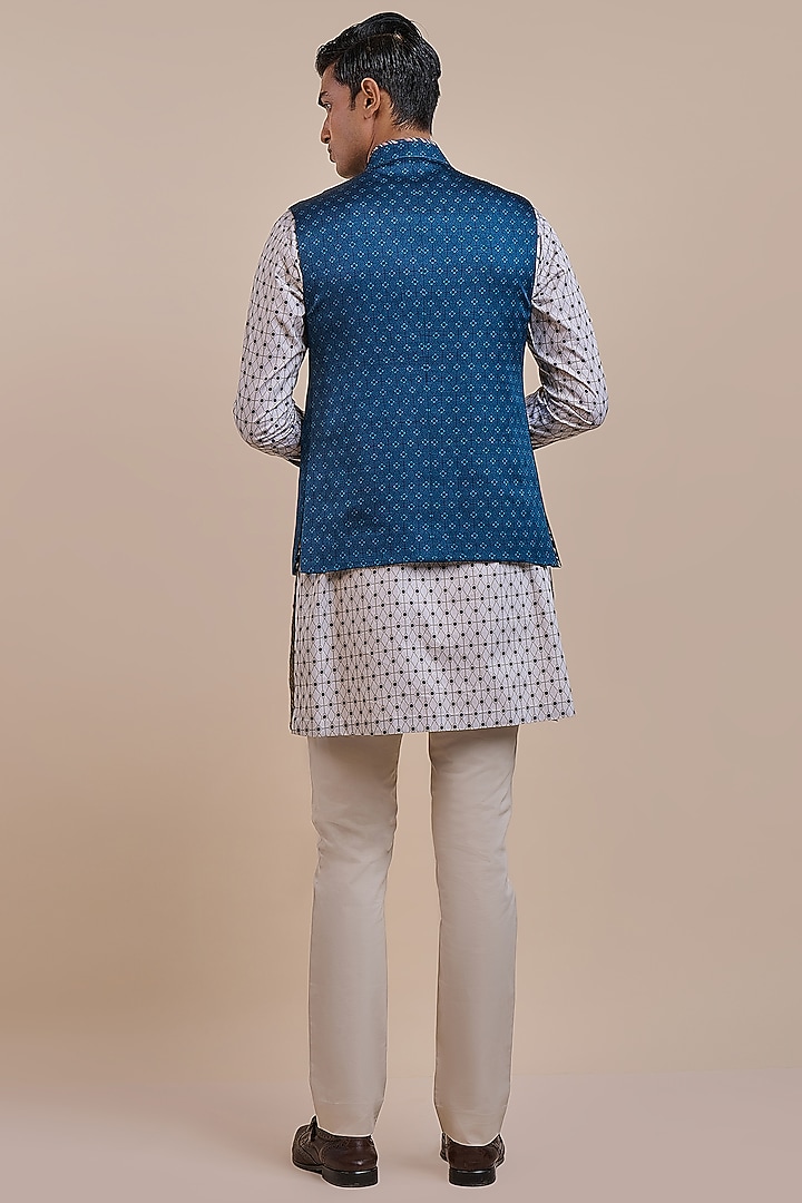 Navy Blue Satin Linen Nehru Jacket by JJV.Kapurthala By JJ Valaya Men at Pernia's Pop Up Shop