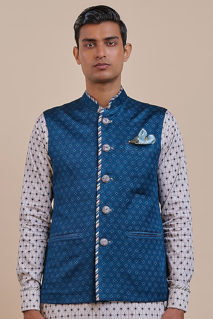 Navy Blue Satin Linen Nehru Jacket by JJV.Kapurthala By JJ Valaya Men at Pernia's Pop Up Shop