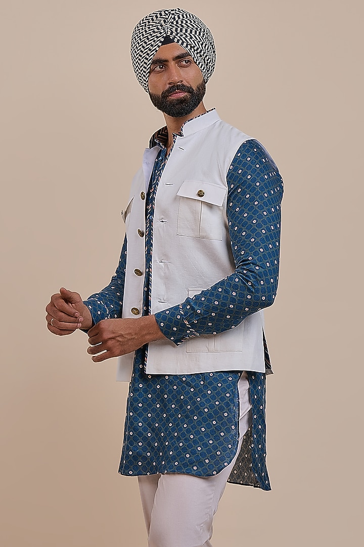Ivory Linen Nehru Jacket by JJV.Kapurthala By JJ Valaya Men at Pernia's Pop Up Shop