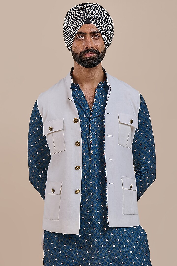 Ivory Linen Nehru Jacket by JJV.Kapurthala By JJ Valaya Men at Pernia's Pop Up Shop