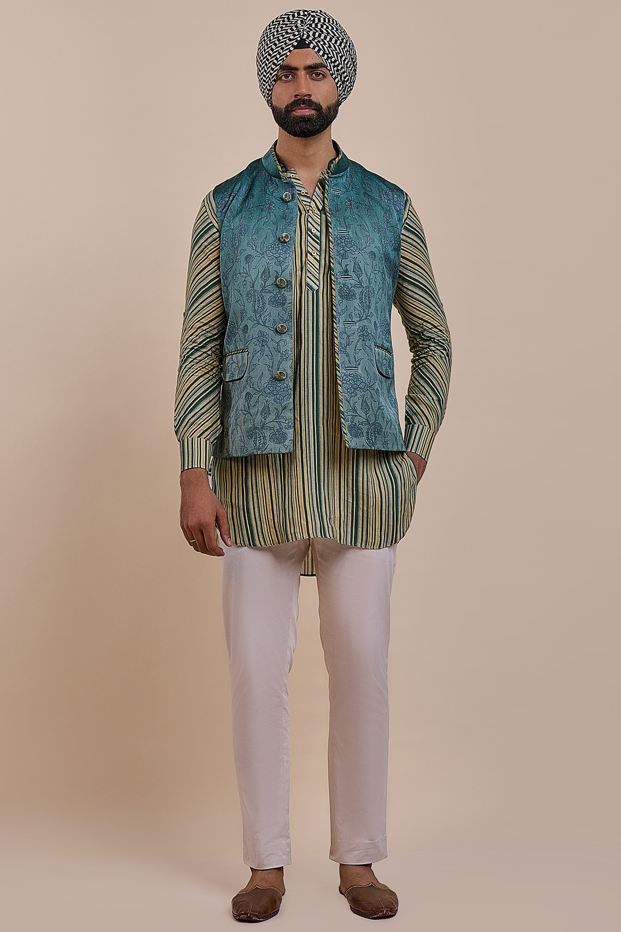 JJV.Kapurthala By JJ Valaya Teal Blue Satin Linen Nehru Jacket