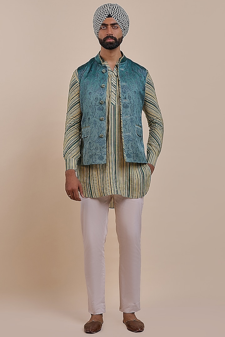 Teal Blue Satin Linen Nehru Jacket by JJV.Kapurthala By JJ Valaya Men at Pernia's Pop Up Shop