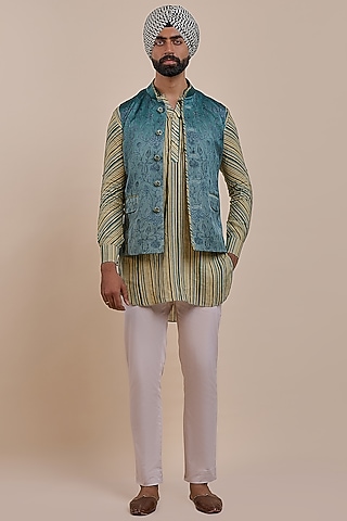 Teal Blue Satin Linen Nehru Jacket by JJV.Kapurthala By JJ Valaya Men