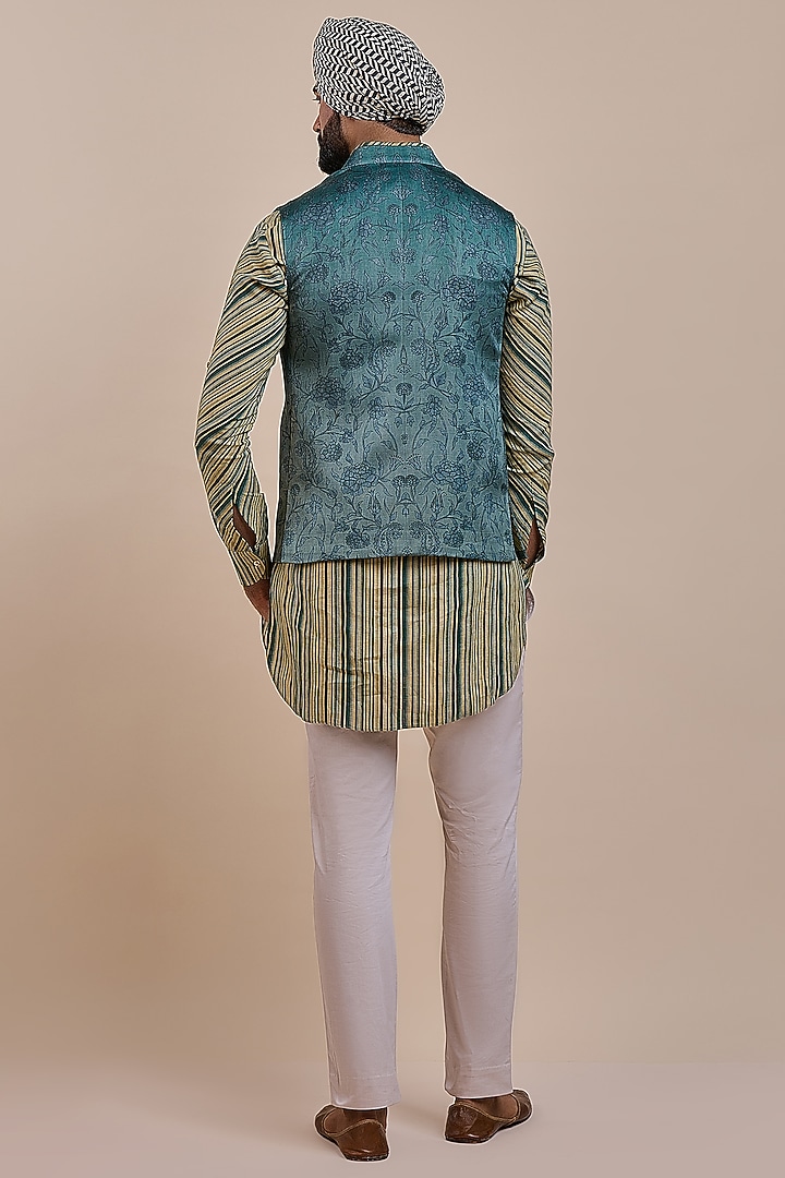Teal Blue Satin Linen Nehru Jacket by JJV.Kapurthala By JJ Valaya Men at Pernia's Pop Up Shop