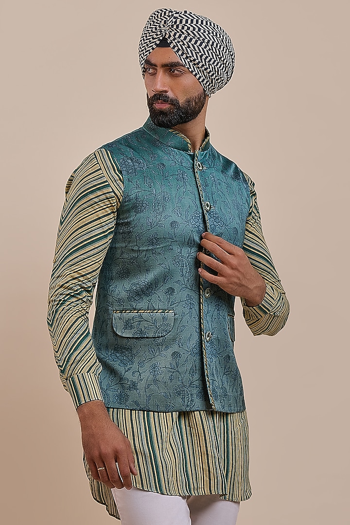 Teal Blue Satin Linen Nehru Jacket by JJV.Kapurthala By JJ Valaya Men at Pernia's Pop Up Shop