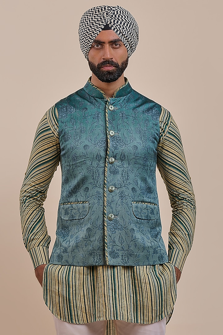 Teal Blue Satin Linen Nehru Jacket by JJV.Kapurthala By JJ Valaya Men at Pernia's Pop Up Shop