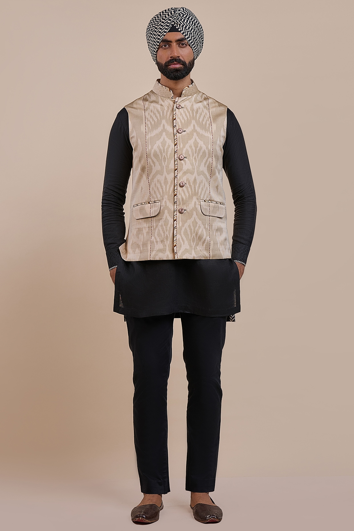 JJV.Kapurthala By JJ Valaya Cream Ivory Satin Linen Ikat Printed Nehru Jacket