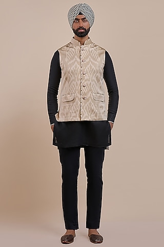 Cream Ivory Satin Linen Ikat Printed Nehru Jacket by JJV.Kapurthala By JJ Valaya Men
