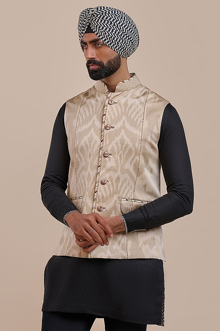 Cream Ivory Satin Linen Ikat Printed Nehru Jacket by JJV.Kapurthala By JJ Valaya Men at Pernia's Pop Up Shop