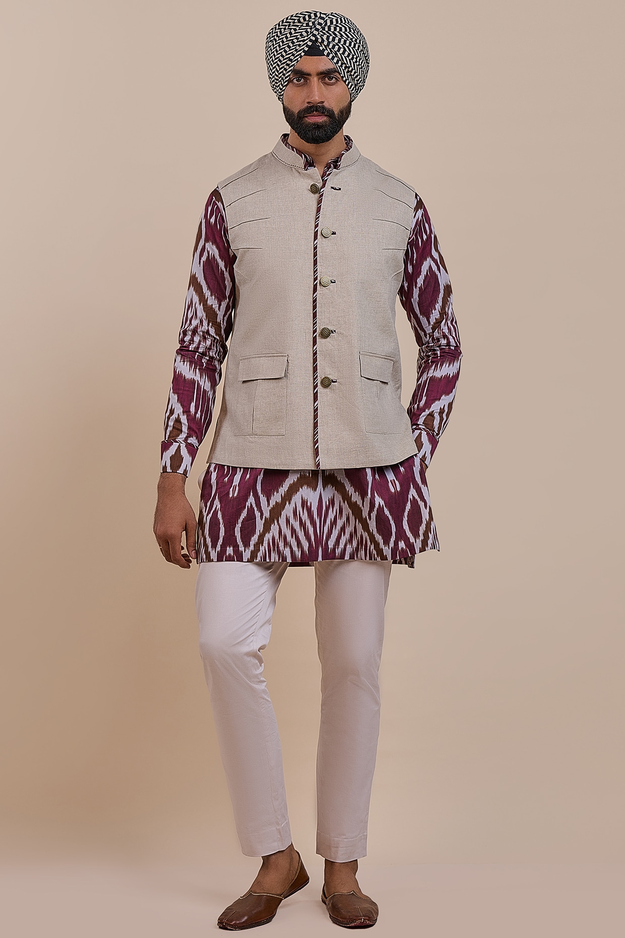 JJV.Kapurthala By JJ Valaya Slate Pearl Linen Nehru Jacket