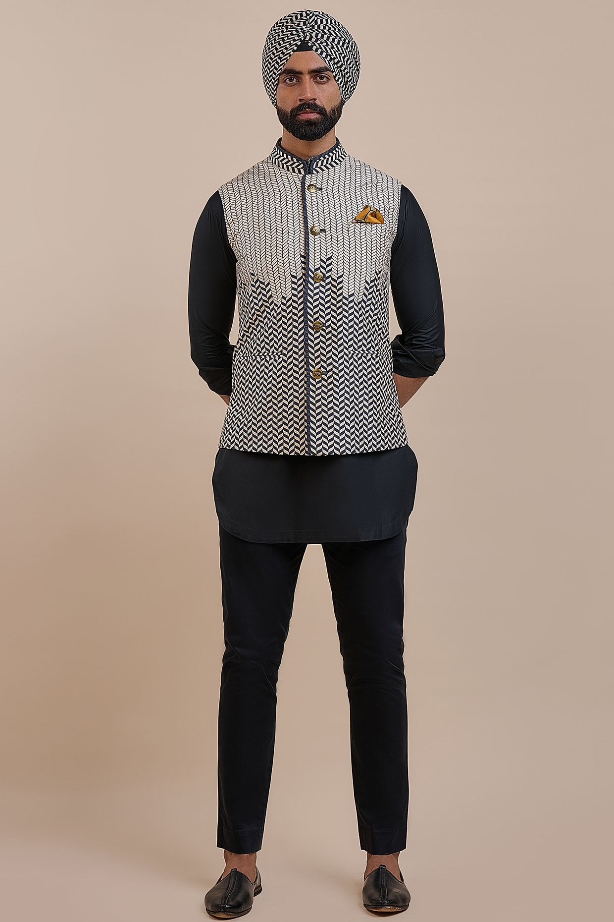 JJV.Kapurthala By JJ Valaya Black & Ivory Silk Nehru Jacket