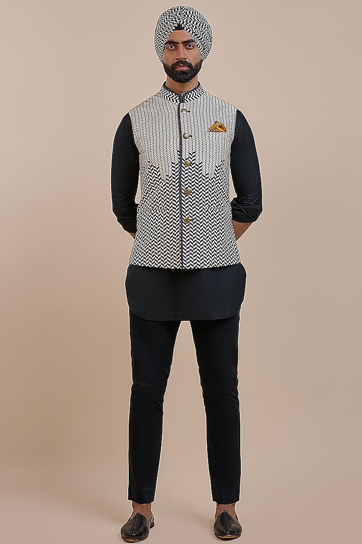 Black & Ivory Silk Nehru Jacket by JJV.Kapurthala By JJ Valaya Men at Pernia's Pop Up Shop