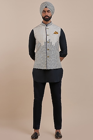 Black & Ivory Silk Nehru Jacket by JJV.Kapurthala By JJ Valaya Men