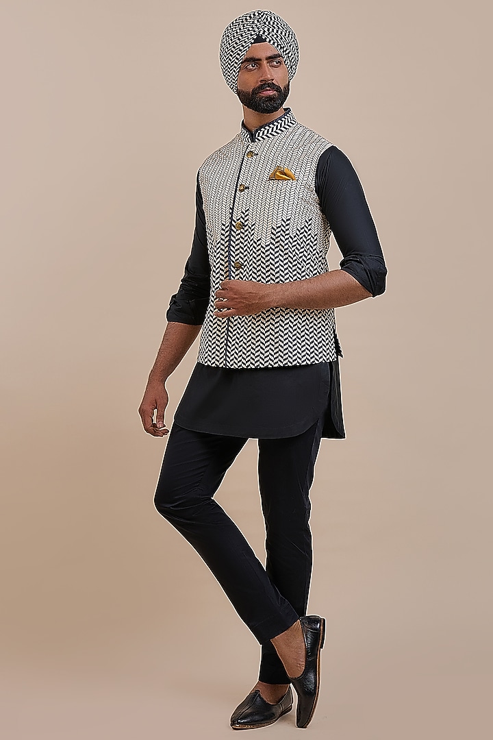 Black & Ivory Silk Nehru Jacket by JJV.Kapurthala By JJ Valaya Men at Pernia's Pop Up Shop