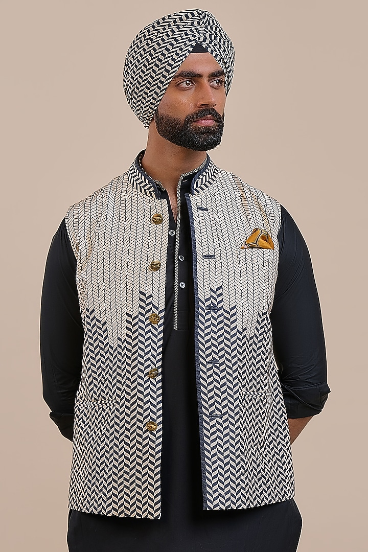 Black & Ivory Silk Nehru Jacket by JJV.Kapurthala By JJ Valaya Men at Pernia's Pop Up Shop