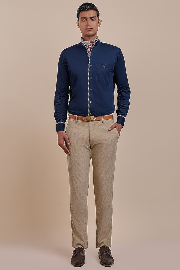 Navy Blue Cotton Wedding Shirt by JJV.Kapurthala By JJ Valaya Men at Pernia's Pop Up Shop