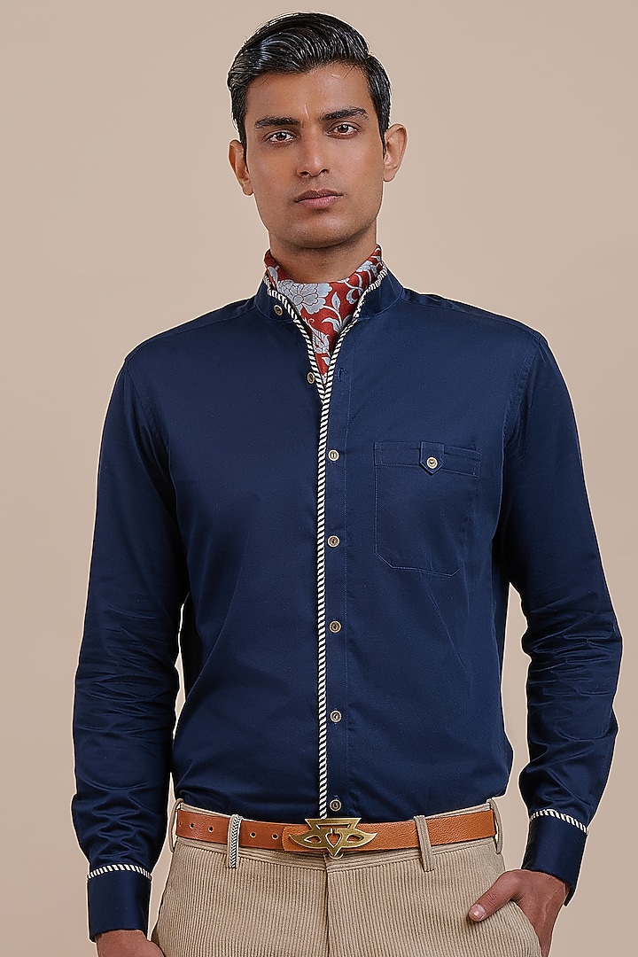 Navy Blue Cotton Wedding Shirt by JJV.Kapurthala By JJ Valaya Men at Pernia's Pop Up Shop