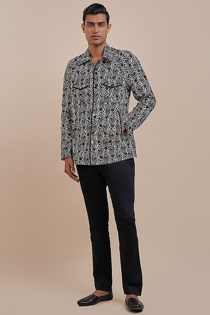 Black & Ivory Cotton Printed Wedding Shirt by JJV.Kapurthala By JJ Valaya Men at Pernia's Pop Up Shop