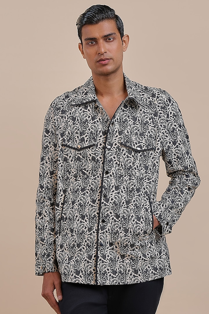 Black & Ivory Cotton Printed Wedding Shirt by JJV.Kapurthala By JJ Valaya Men at Pernia's Pop Up Shop