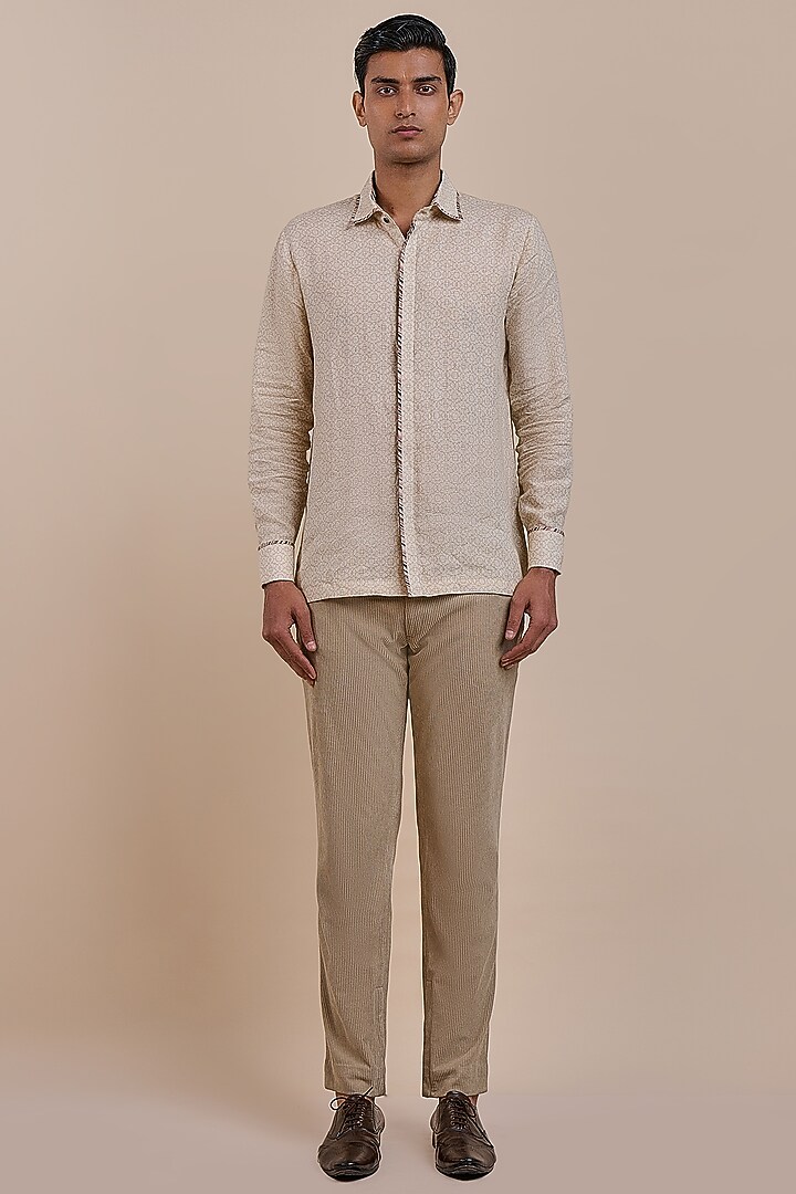 Cream Ivory Linen Printed Wedding Shirt by JJV.Kapurthala By JJ Valaya Men at Pernia's Pop Up Shop