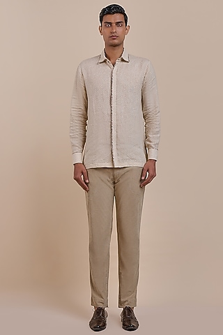 Cream Ivory Linen Printed Shirt by JJV.Kapurthala By JJ Valaya Men