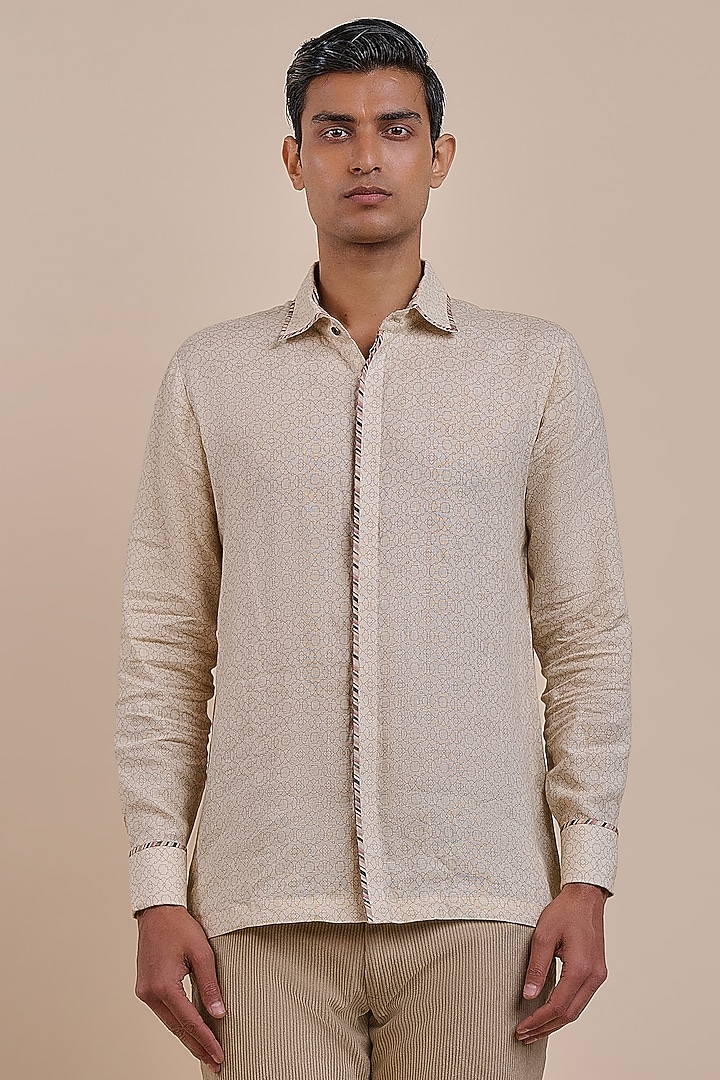 Cream Ivory Linen Printed Wedding Shirt by JJV.Kapurthala By JJ Valaya Men at Pernia's Pop Up Shop
