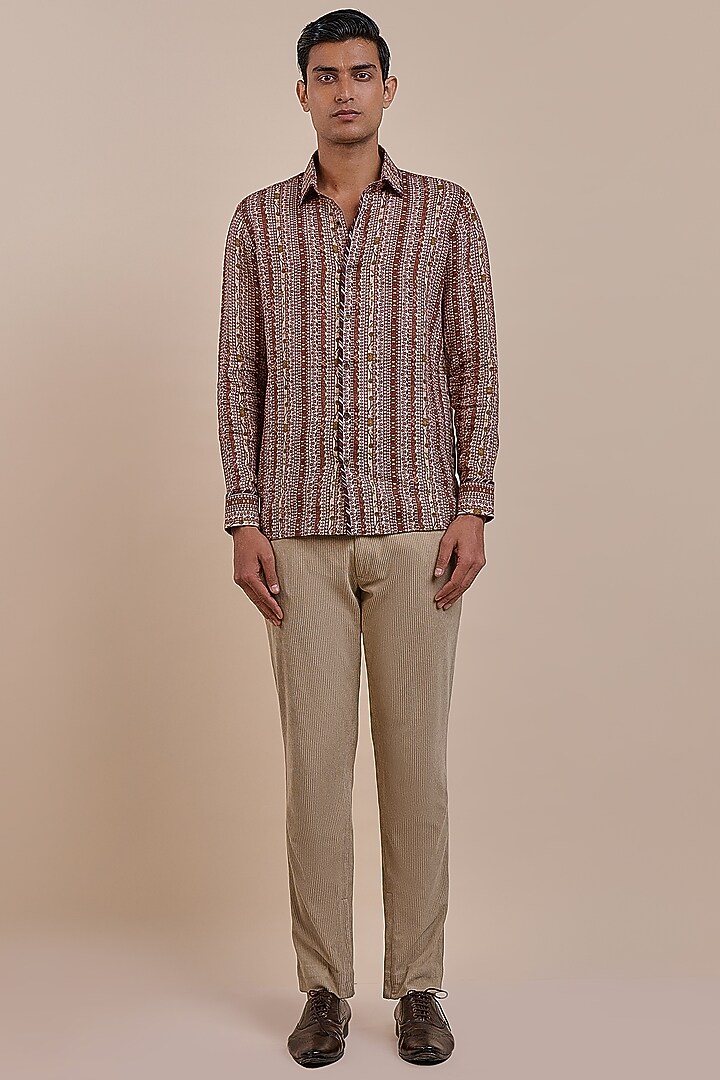 Rust Red Linen Printed Wedding Shirt by JJV.Kapurthala By JJ Valaya Men at Pernia's Pop Up Shop