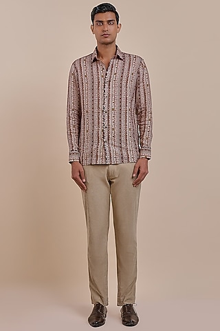 Rust Red Linen Printed Shirt by JJV.Kapurthala By JJ Valaya Men
