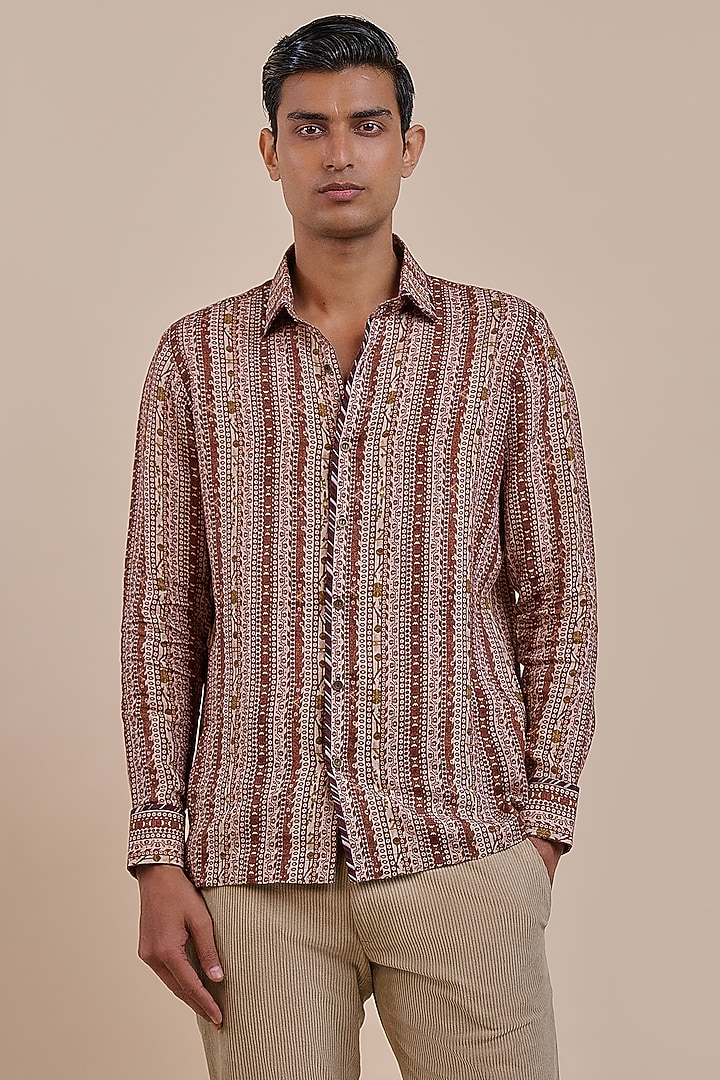 Rust Red Linen Printed Wedding Shirt by JJV.Kapurthala By JJ Valaya Men at Pernia's Pop Up Shop