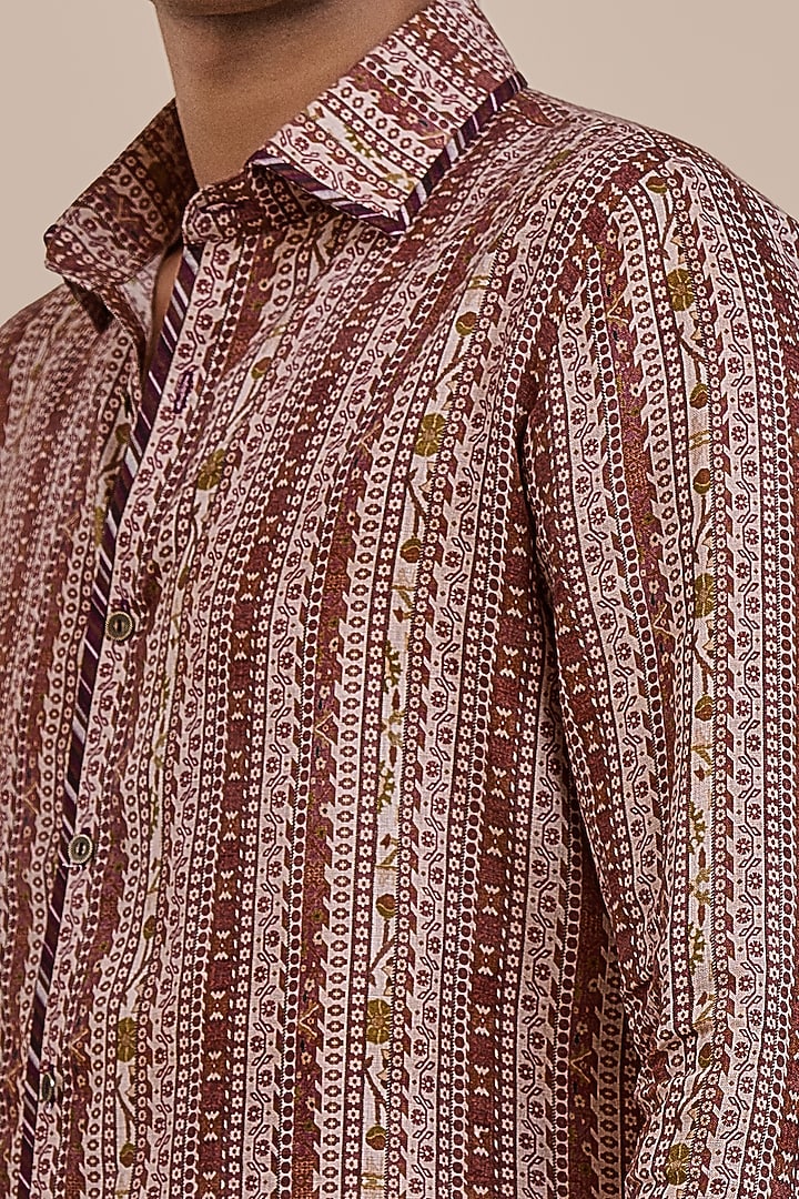 Rust Red Linen Printed Wedding Shirt by JJV.Kapurthala By JJ Valaya Men at Pernia's Pop Up Shop