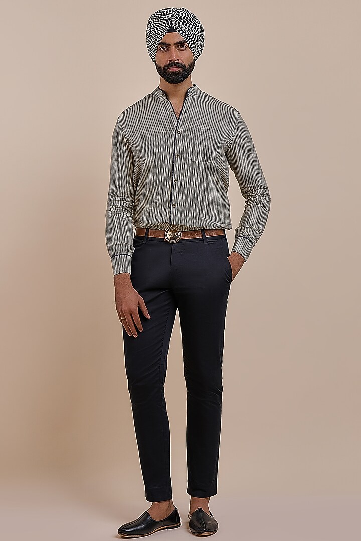 Black & Ivory Linen Wedding Shirt by JJV.Kapurthala By JJ Valaya Men at Pernia's Pop Up Shop