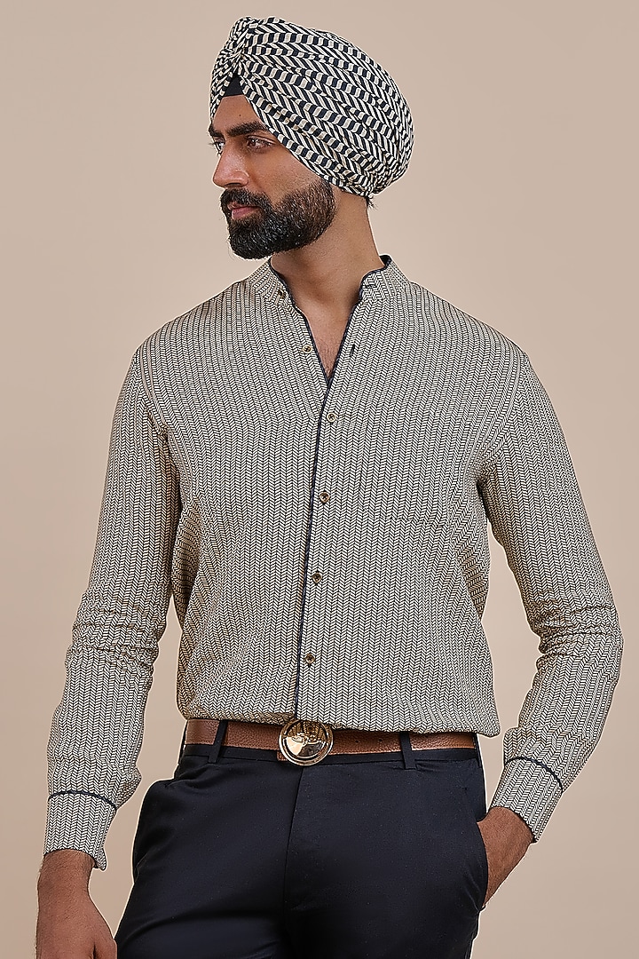 Black & Ivory Linen Wedding Shirt by JJV.Kapurthala By JJ Valaya Men at Pernia's Pop Up Shop
