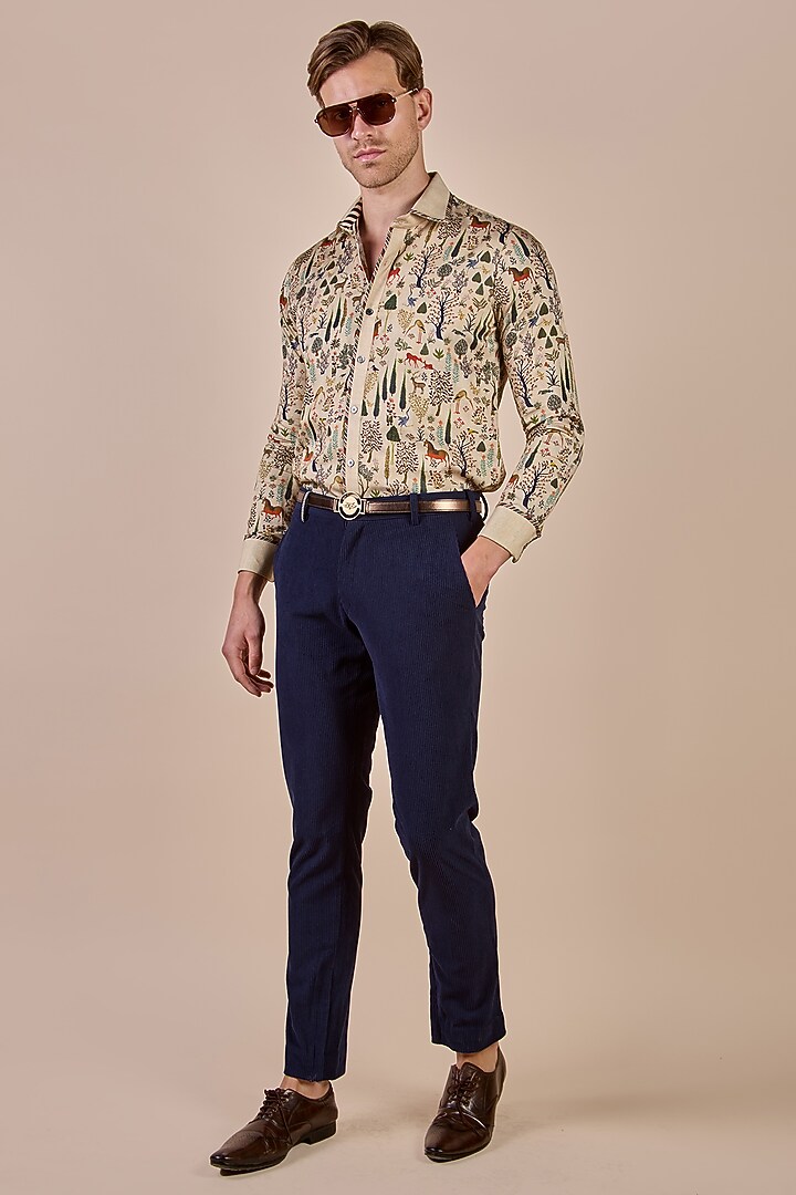 Ivory Giza Cotton Floral Printed Party Wear Shirt by JJV.Kapurthala By JJ Valaya Men at Pernia's Pop Up Shop