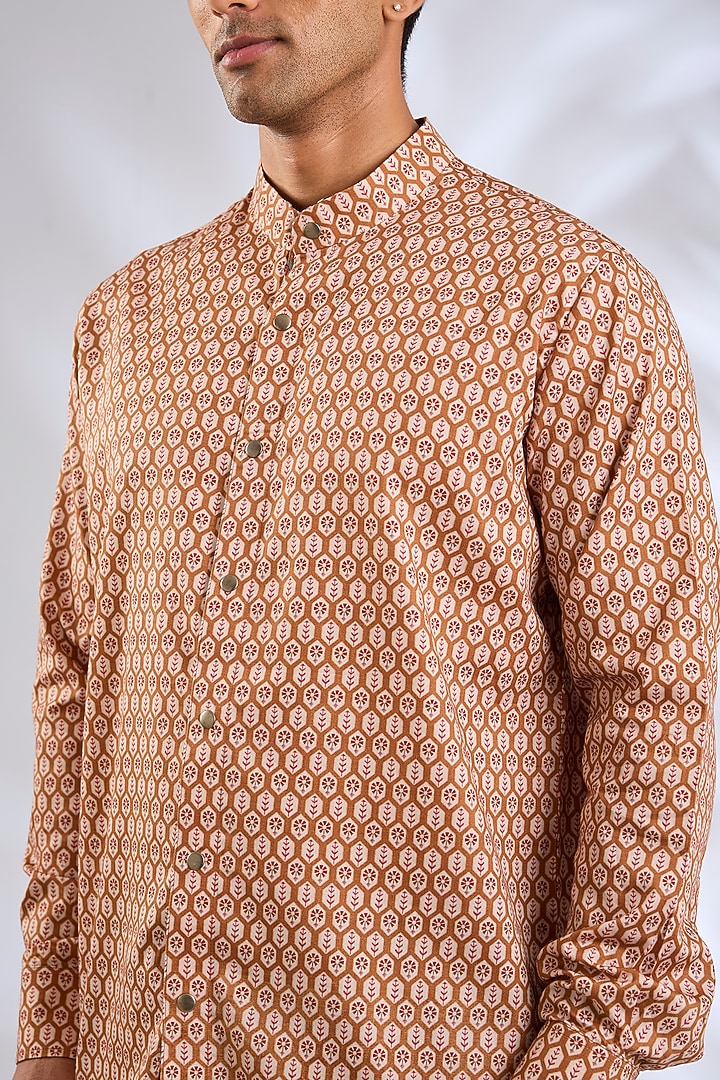 Rust Orange Giza Cotton Boota Printed Wedding Shirt by JJV.Kapurthala By JJ Valaya Men at Pernia's Pop Up Shop