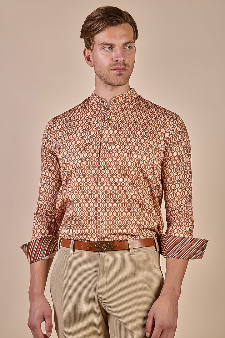 Rust Orange Giza Cotton Boota Printed Wedding Shirt by JJV.Kapurthala By JJ Valaya Men at Pernia's Pop Up Shop