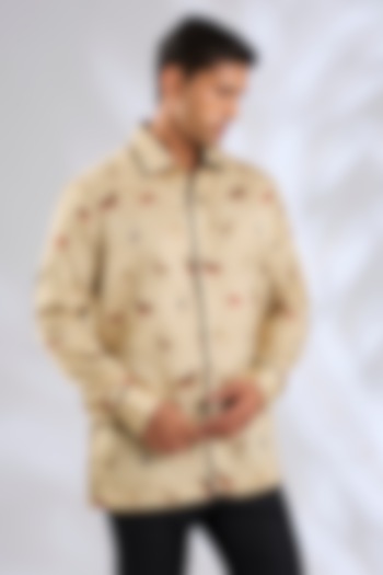 Creme Cotton Satin Linen Fauna Digital Printed Wedding Shirt by JJV.Kapurthala By JJ Valaya Men at Pernia's Pop Up Shop