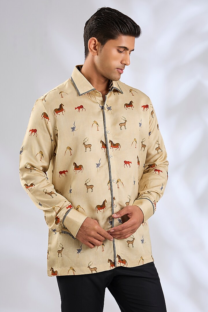 Creme Cotton Satin Linen Fauna Digital Printed Wedding Shirt by JJV.Kapurthala By JJ Valaya Men at Pernia's Pop Up Shop