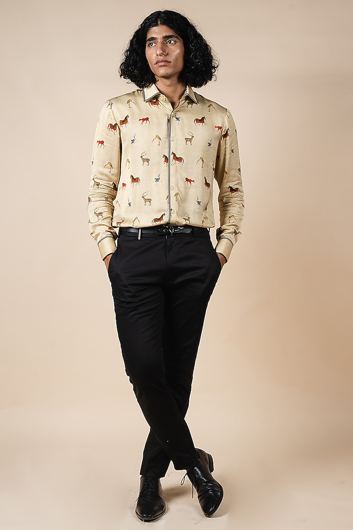 Creme Cotton Satin Linen Fauna Digital Printed Wedding Shirt by JJV.Kapurthala By JJ Valaya Men at Pernia's Pop Up Shop