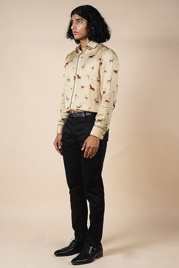 Creme Cotton Satin Linen Fauna Digital Printed Wedding Shirt by JJV.Kapurthala By JJ Valaya Men at Pernia's Pop Up Shop