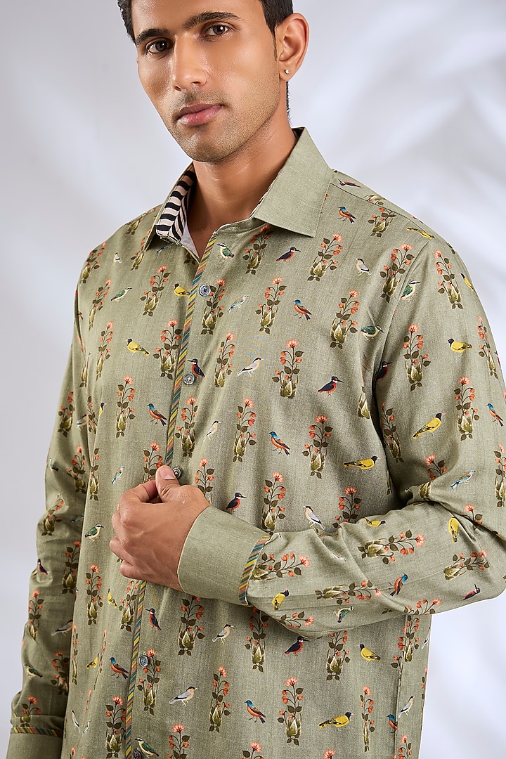 Sage Green Giza Cotton Digital Printed Party Wear Shirt by JJV.Kapurthala By JJ Valaya Men at Pernia's Pop Up Shop