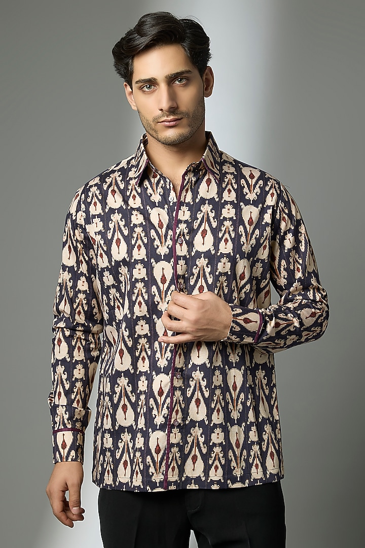 Midnight Blue Giza Cotton Wedding Shirt by JJV.Kapurthala By JJ Valaya Men at Pernia's Pop Up Shop