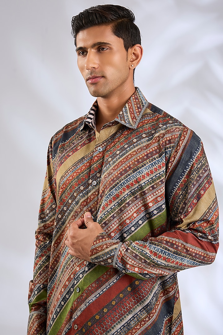 Multi-Colored Giza Cotton Stripe Printed Party Wear Shirt by JJV.Kapurthala By JJ Valaya Men at Pernia's Pop Up Shop