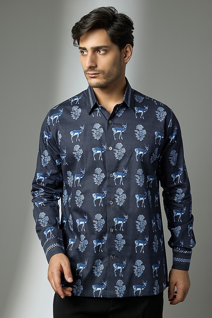 Navy Blue Giza Cotton Party Wear Shirt by JJV.Kapurthala By JJ Valaya Men at Pernia's Pop Up Shop